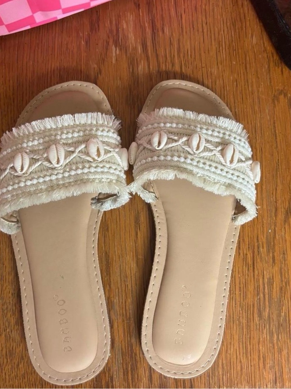 BAMBOO Beige Fringe & Shell Slide Sandals